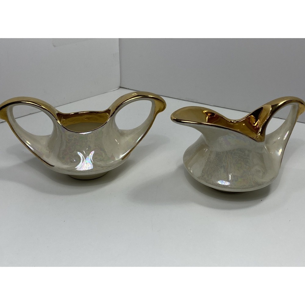 VTG Lusterware Coffee Creamer and Sugar Bowl Iridescent Gold Trim Marbled Glaze